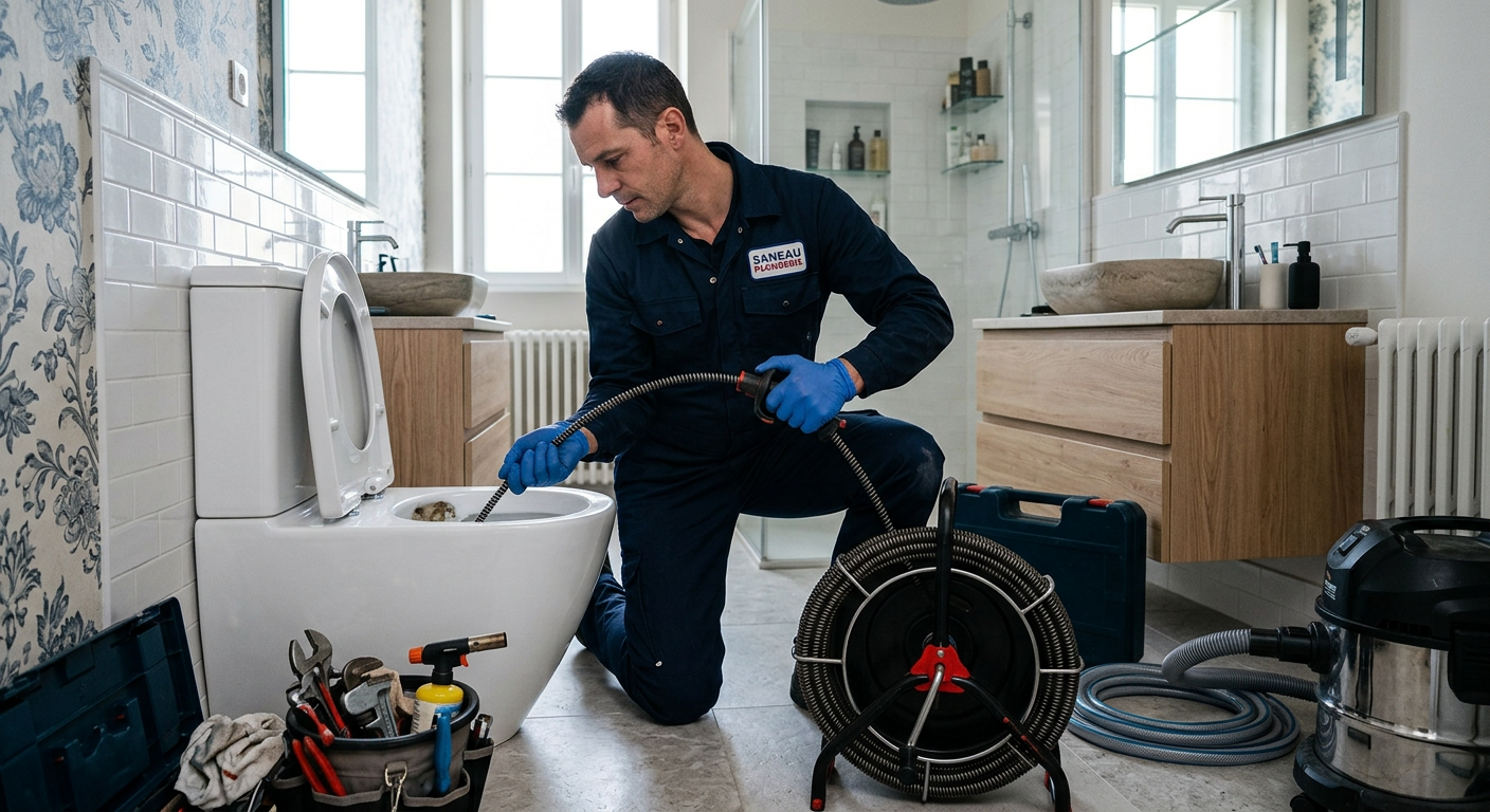 Plombier débouchant des WC avec un furet électrique à Clichy