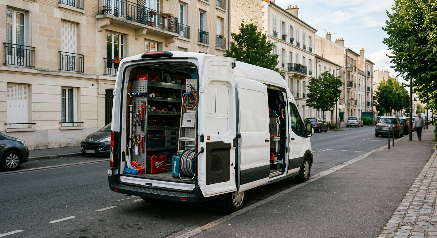 Camionnette plombier Allo Plombier Clichy en intervention dans les Hauts-de-Seine